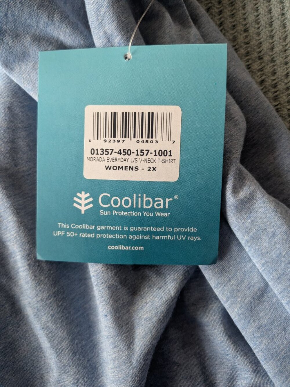 Coolibar Morada V-Neck Long Sleeve Sun Protective T-shirt Light Blue 2X NWT - Picture 4 of 4